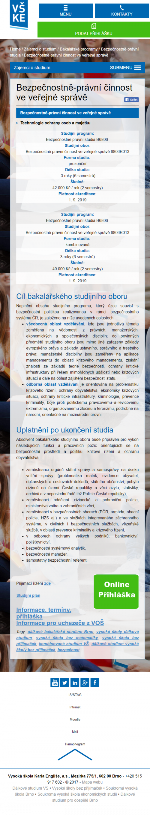 Vysoká škola Karla Engliše (VŠKE) - Screenshot mobilní verze