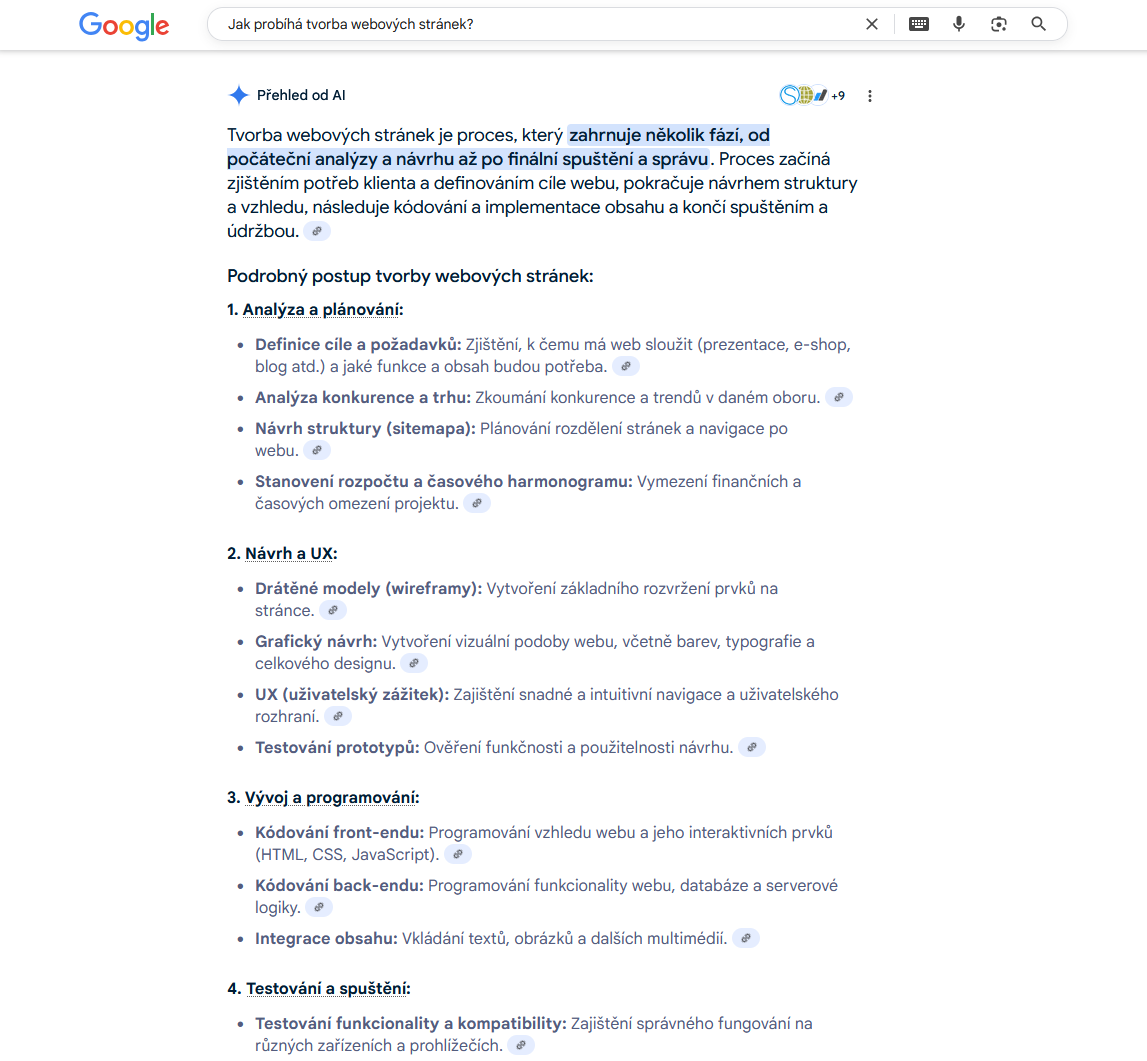Přehled od AI - Jak probíhá tvorba webových stránek?