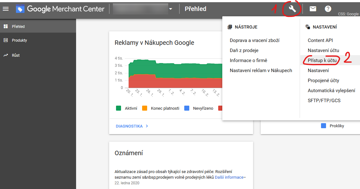 Google Merchant Center - udělení přístupu - 1