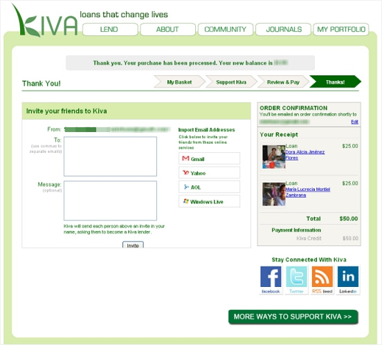 Děkovací stránka společnosti Kiva