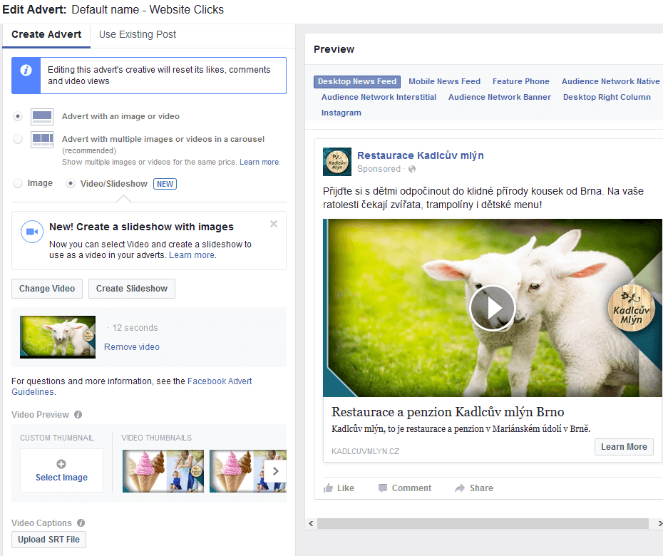 Vytvoření slideshow video reklamy Facebook