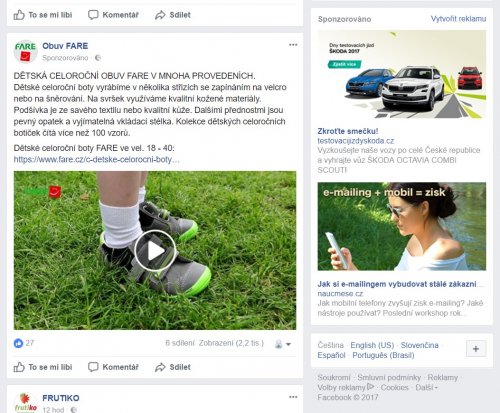 PPC - Pay per click | Ukázka zobrazení PPC reklamy na Facebooku