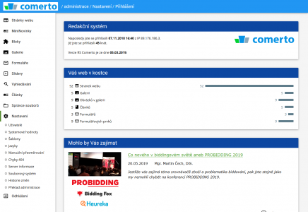 Redakční systém | Ukázka dashboardu po přihlášení do redakčního systému