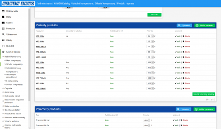 Redakční systém | Zjednodušená správa variant produkt, které jsou následně v tabulce