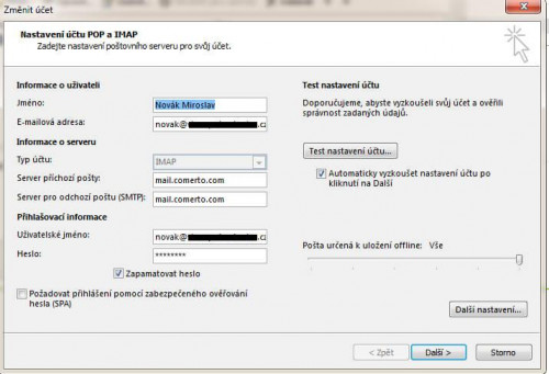 Základní nastavení účtu | Nastavení Microsoft Outlook pro mailserver Comerto
