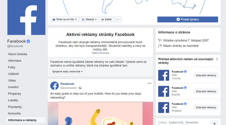 Facebook sekce Informace a reklamy na PC: Kde se nachází
