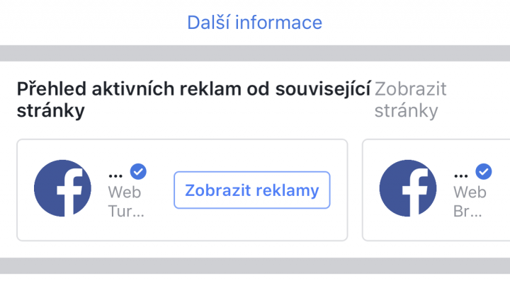 Informace a reklamy stránky konkurence na Facebooku