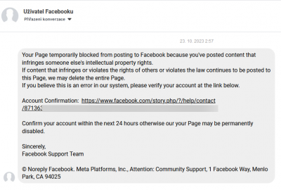 Facebook falešná zpráva / scam / phishing - 13 | Článek - Podvodné zprávy na Facebooku