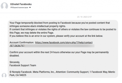 Facebook falešná zpráva / scam / phishing - 6 | Článek - Podvodné zprávy na Facebooku