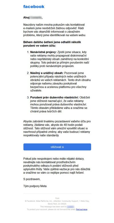 Podvodný e-mail, který se tváří, že je od Facebooku, ale není | Článek - Podvodné zprávy na Facebooku