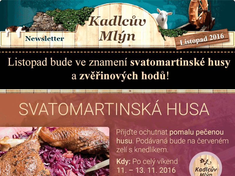 Hromadný e-mailing pro restauraci Kadlcův mlýn