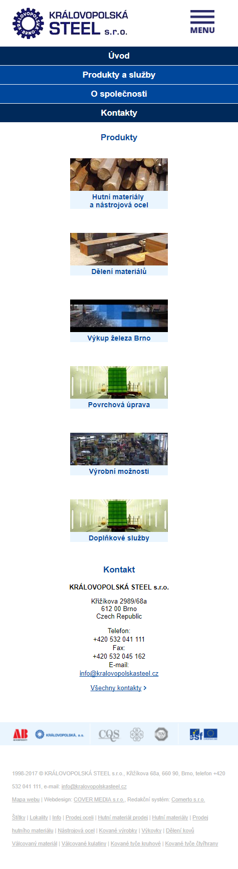 Převod na redakční systém Comerto a úprava webu pro mobilní zařízení - KRÁLOVOPOLSKÁ STEEL - Screenshot mobilní verze