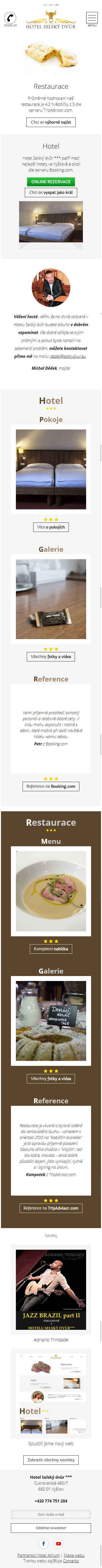 Hotel a restaurace Selský dvůr Vyškov – tvorba webu - Screenshot mobilní verze