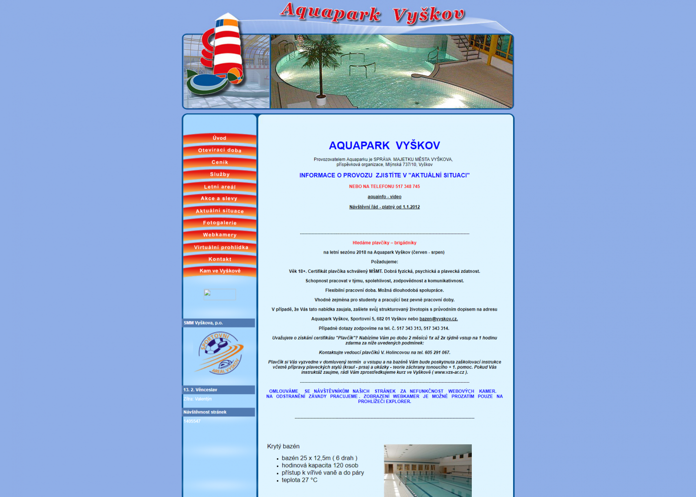 Tvorba nového webu Aquapark Vyškov - Porovnání, stará verze #1