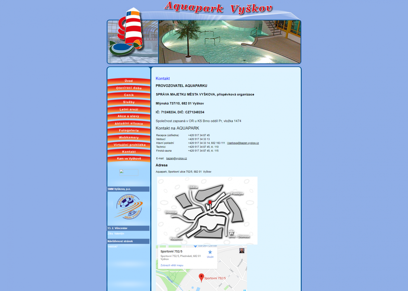 Tvorba nového webu Aquapark Vyškov - Porovnání, stará verze #2