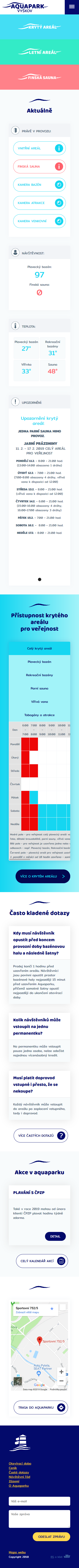 Tvorba nového webu Aquapark Vyškov - Screenshot mobilní verze