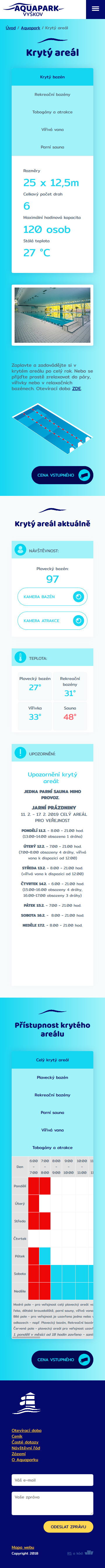 Tvorba nového webu Aquapark Vyškov - Screenshot mobilní verze
