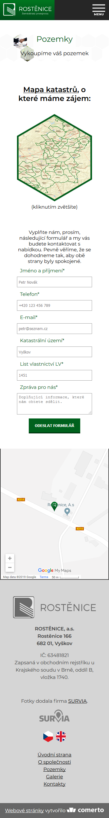 Tvorba nového webu ROSTĚNICE a.s. - Screenshot mobilní verze