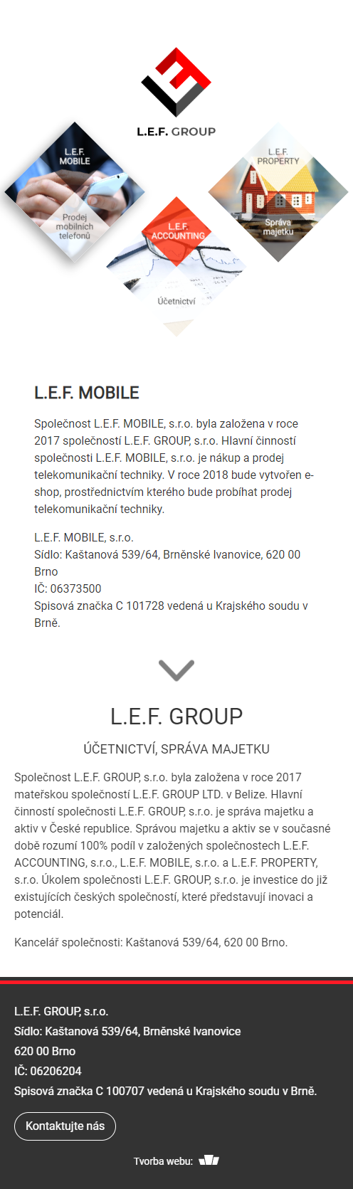 Tvorba webu pro L.E.F. group - Screenshot mobilní verze