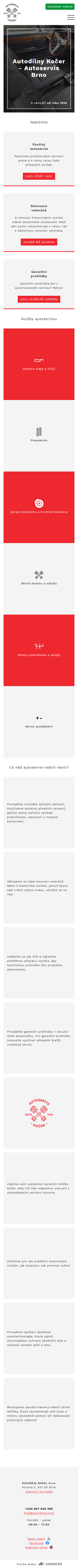 Tvorba webu pro autoservis Autodílny Kočer - Screenshot mobilní verze