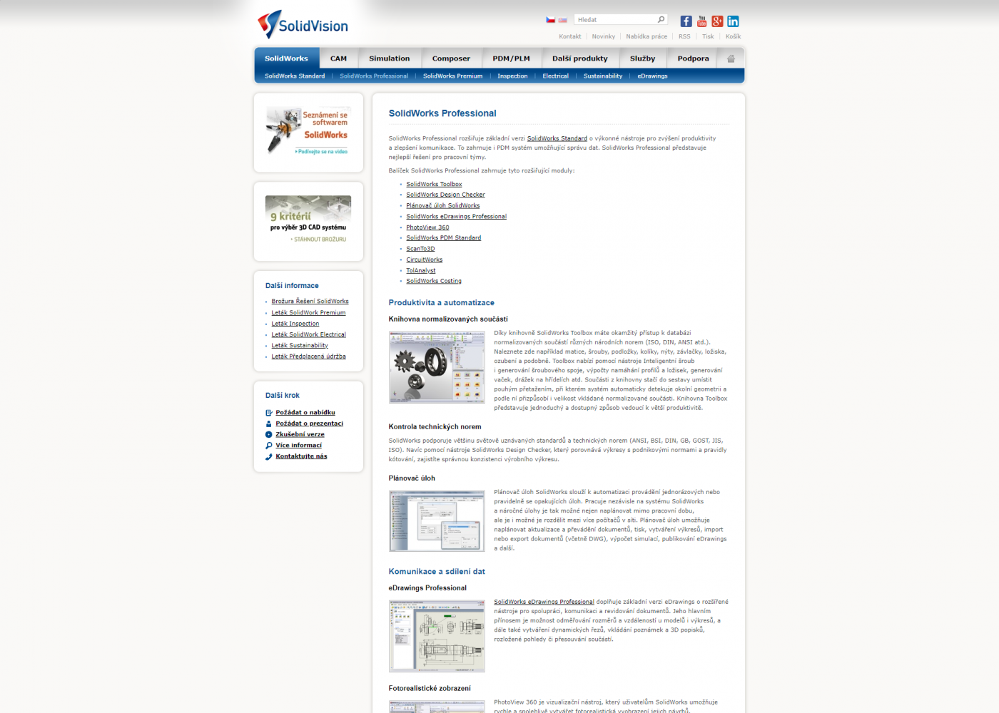 SolidVision: Nový web pro distributora 3D CAD softwaru - Porovnání, stará verze #2