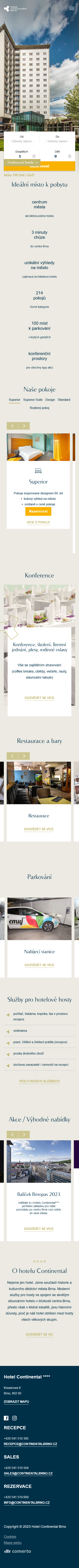 Redesign webu hotelu Continental Brno se zaměřením na SEO - Screenshot mobilní verze