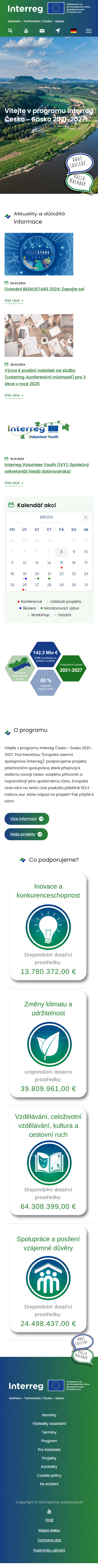 Web programu Interreg Česko – Sasko 2021–2027 - Screenshot mobilní verze