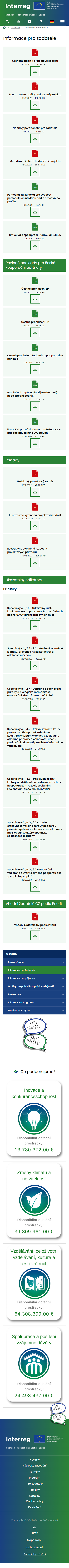 Web programu Interreg Česko – Sasko 2021–2027 - Screenshot mobilní verze