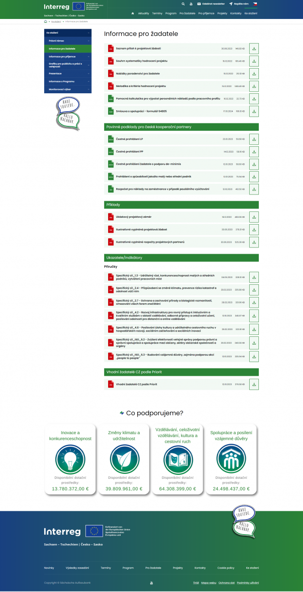 Web programu Interreg Česko – Sasko 2021–2027 - Screenshot