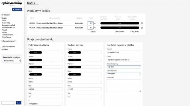 B2B objednávkový systém pro firmu Cyklospeciality - Screenshot