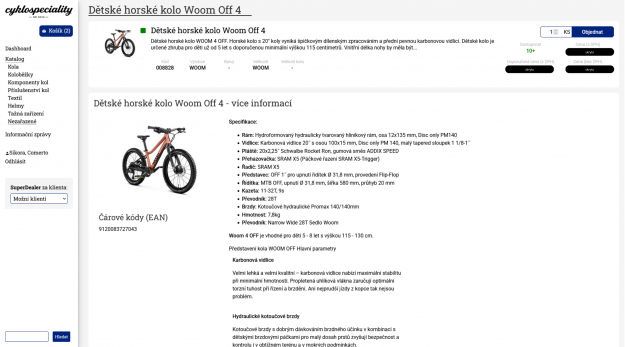 B2B objednávkový systém pro firmu Cyklospeciality - Screenshot