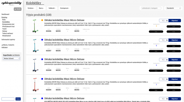B2B objednávkový systém pro firmu Cyklospeciality - Screenshot