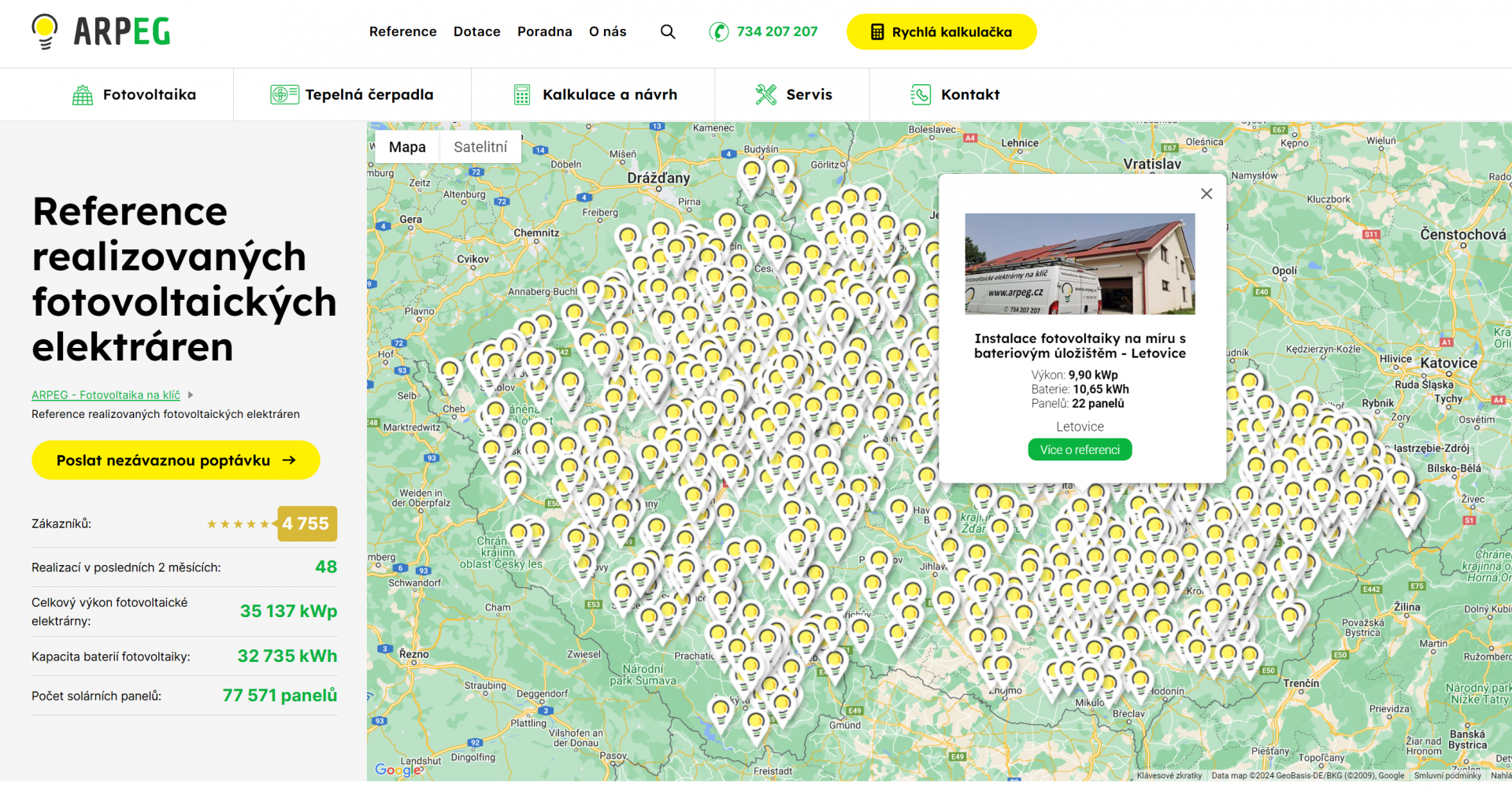 ARPEG: Redesign webu na míru pro dlouhodobý rozvoj | Modul naprogramovaný na míru k souhrnné prezentaci nainstalovaných fotovoltaických elektráren, který díky snaze klienta doplnit stovky realizací do webu vypadá a funguje opravdu působivě