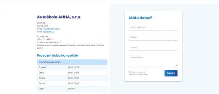 Autoškola AHHA: Redesign webu 2014 a 2024 | Zjednodušený formulář na stránce Kontakt čistě pro nezávazné dotazy