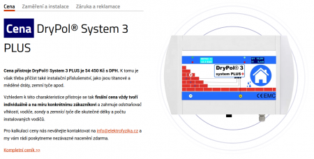 Elektrofyzika a Drypol®: Všestranný online marketingový balíček pro inovativní vysoušení vlhkosti | Detail produktu Drypol® System 3 PLUS, konkrétně text k jeho ceně, který jsme vytvořili na základě podkladů od klienta