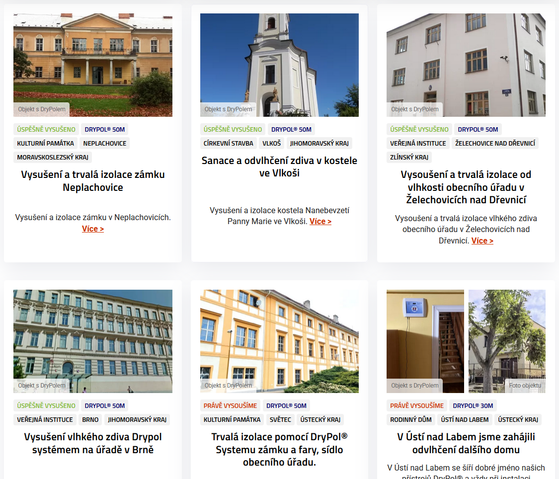 Elektrofyzika a Drypol®: Všestranný online marketingový balíček pro inovativní vysoušení vlhkosti | Přepracovaný výpis referencí, aby na první pohled bylo zjevné několik informací – aktuální stav vysoušení, aplikované zařízení, parametry a lokalita