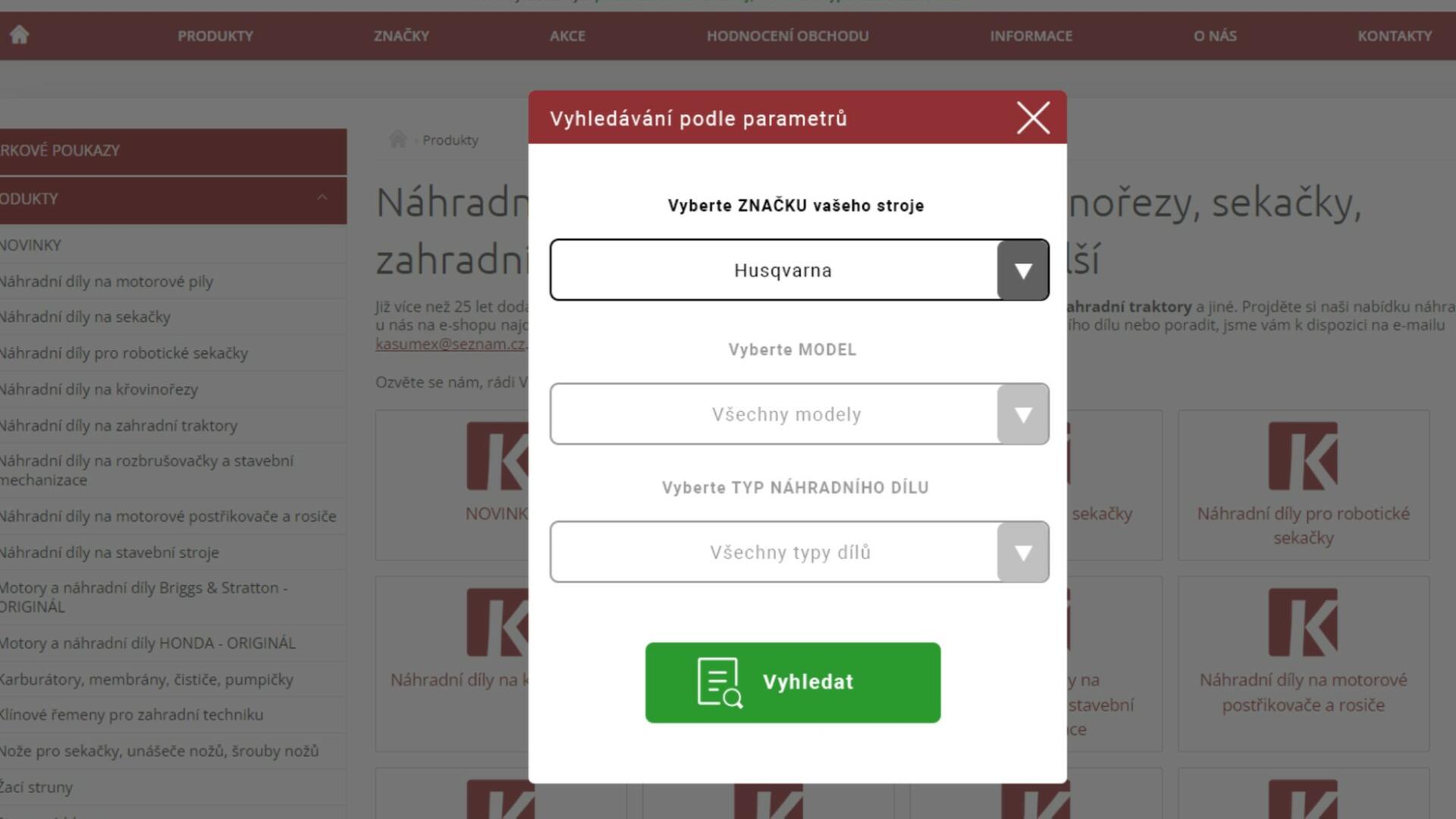 Full service online marketingu pro KASUMEX | Ve třech jednoduchých krocích si zákazníci pomocí rozbalovacích nabídek vybrali z rozsáhlého katalogu náhradní díl, který potřebují.