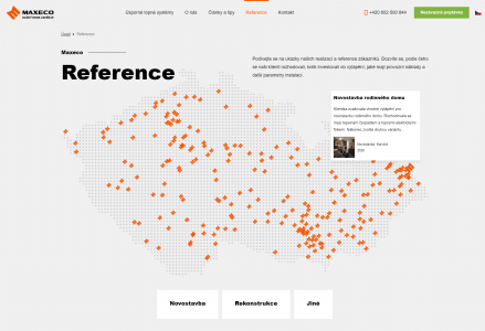 Nové webové stránky pro MAXECO | Reference s bližším popisem označené na mapě logem MAXECO se objevují a mizí vždy po několika vteřinách, pod nimi je k dispozici výpis všech realizací