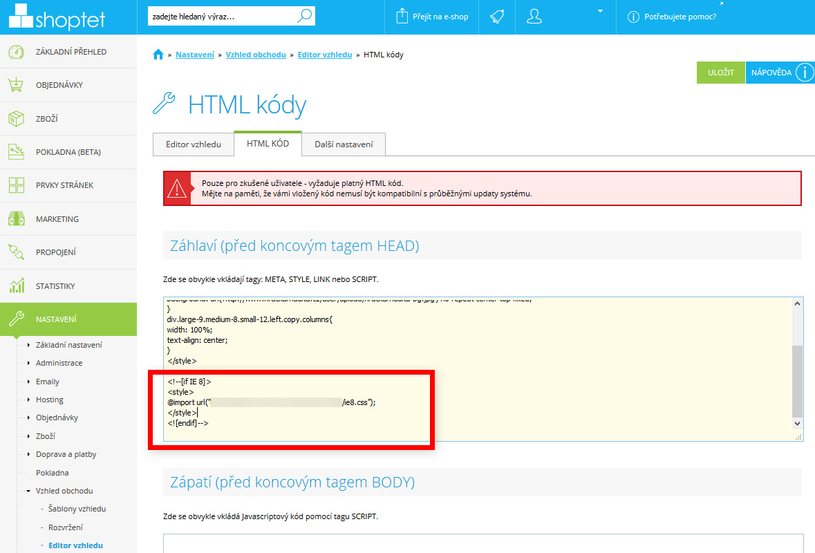 Shoptet - Úprava hlavičky stránek - Vložení CSS